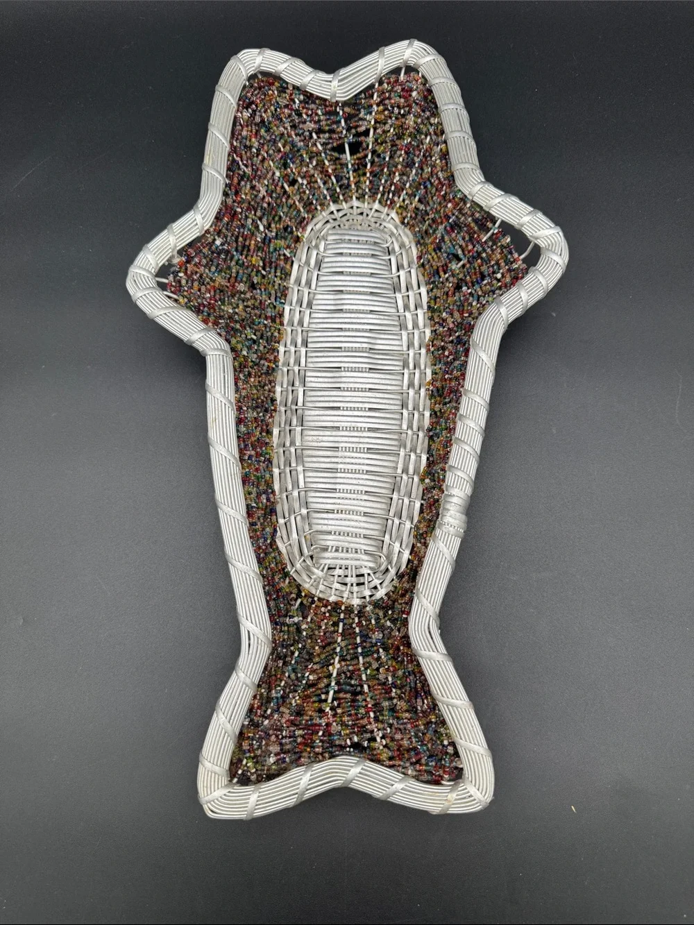 Beaded Fish Shaped Basket Aluminum Wire Wrapped Multicolor Seed Beads 16” x 9”